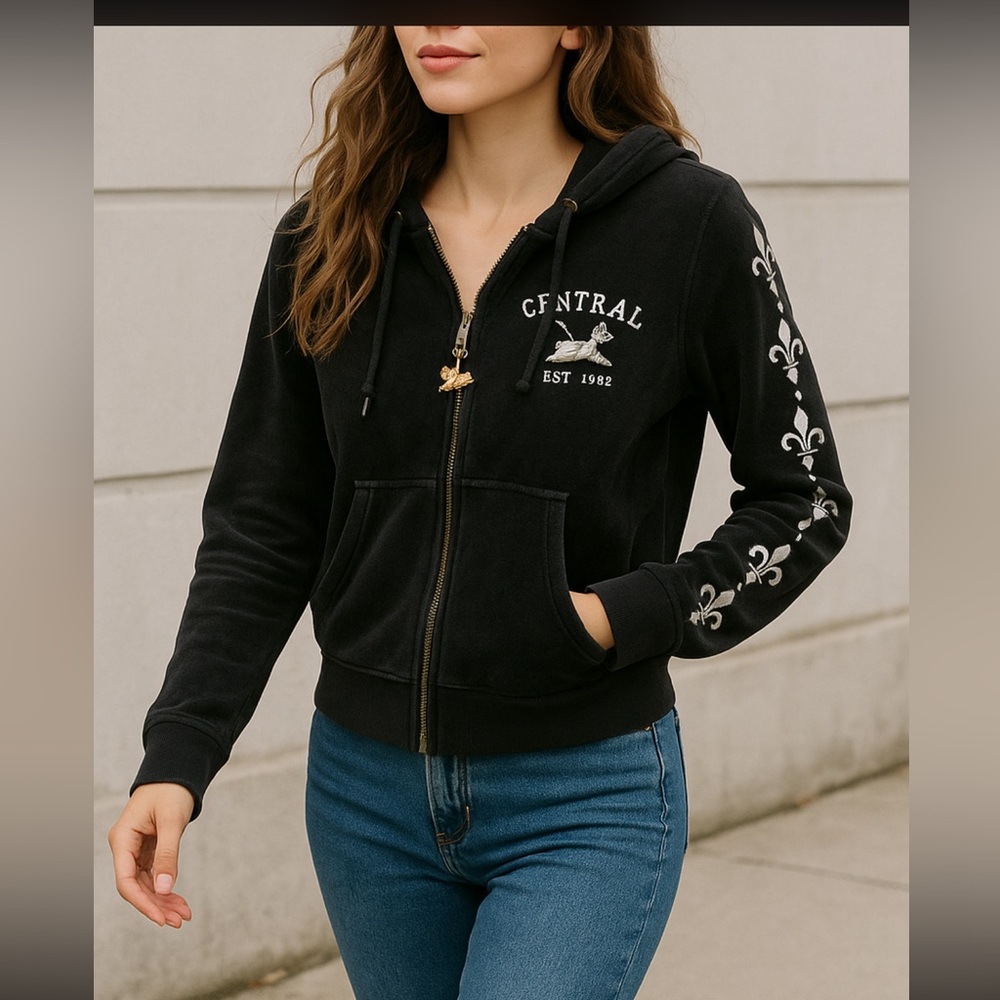 Central Park Brand Black Velour Zip Hoodie with Fleur-de-Lis Sleeve Embro Size S